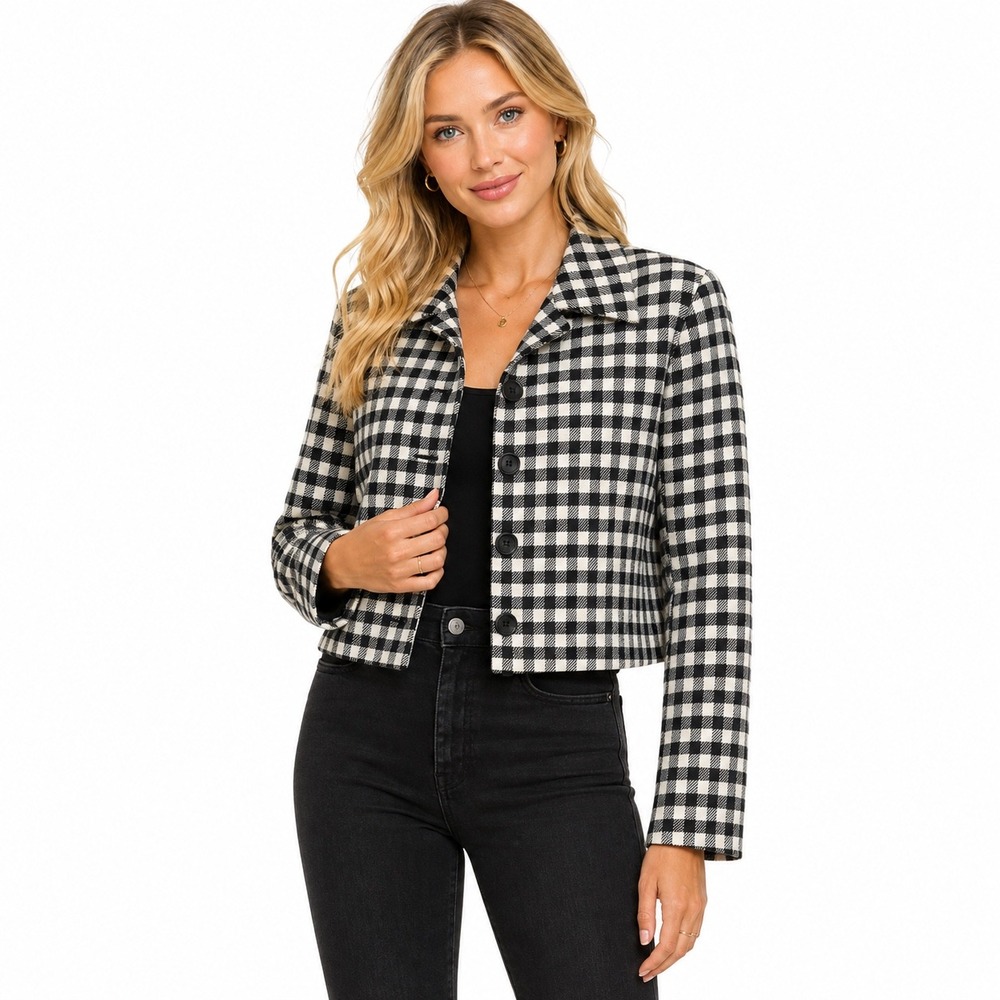 Finity Studio Womens Gingham Cropped Blazer Jacket Black White Size 4 USA Made